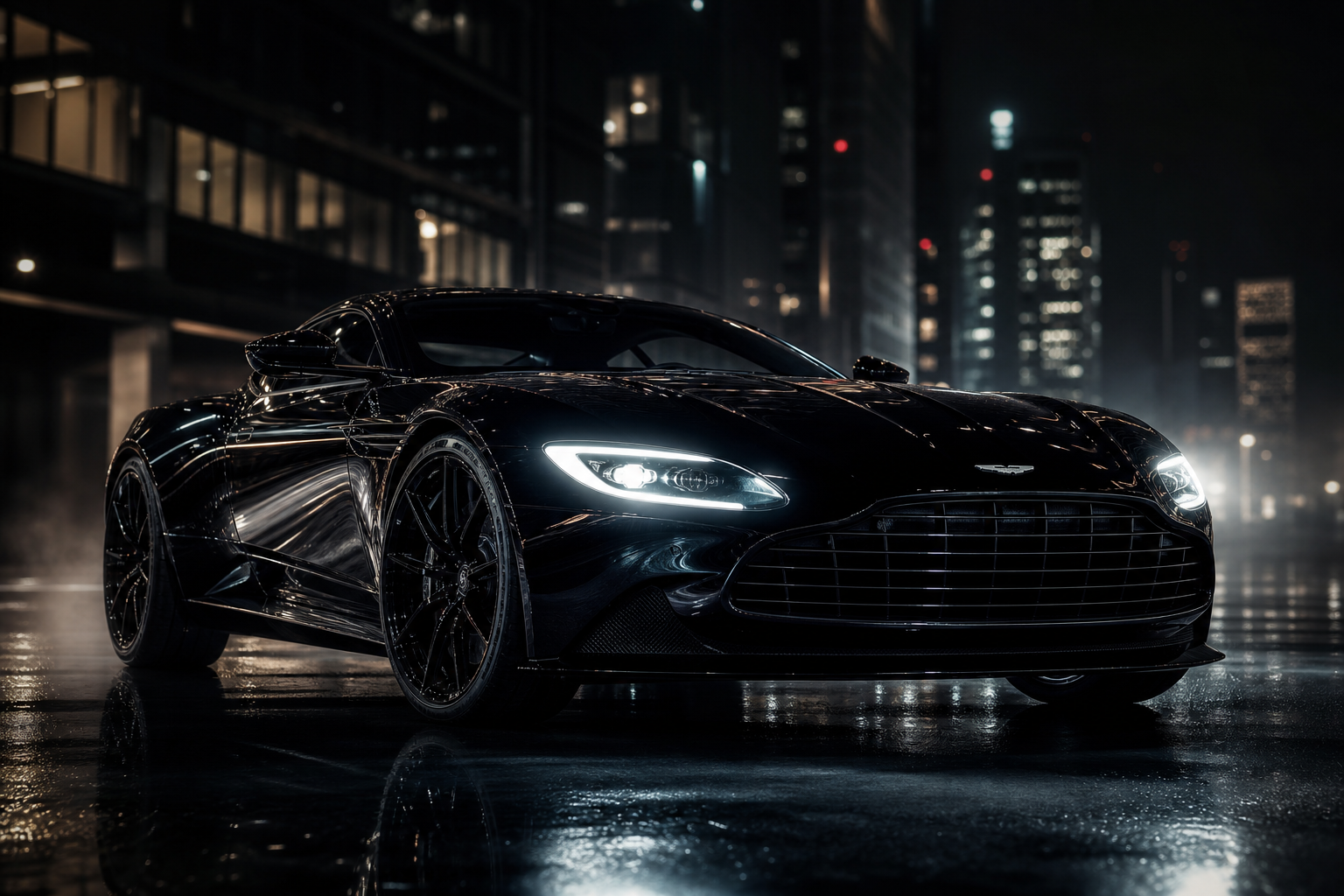 Low-angle cinematic shot of a midnight-black exotic coupe with sharp LED headlights glowing, parked on a glossy wet street under moody city lights