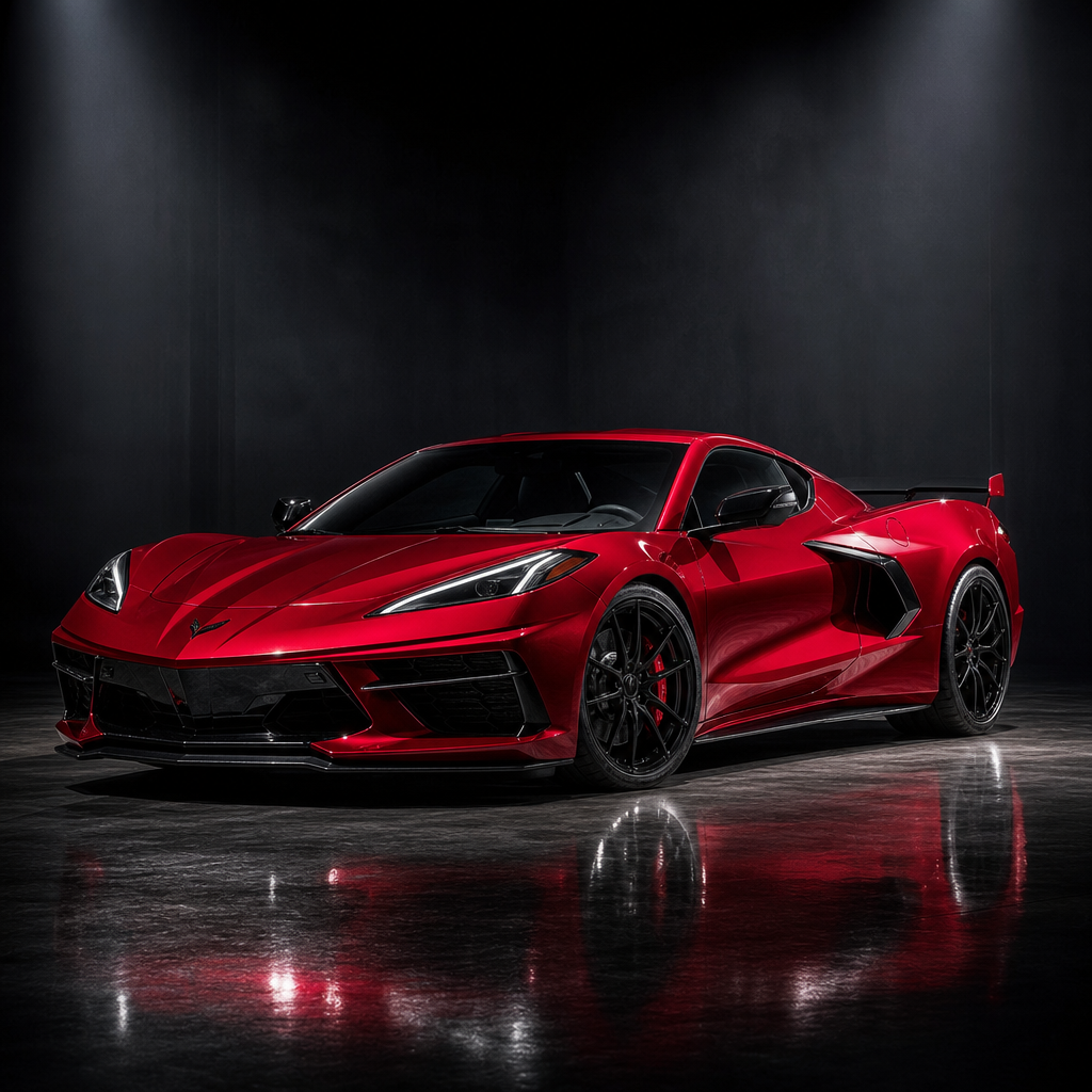 Low-slung exotic coupe with a metallic crimson finish on a dark studio floor, aggressive aero and wide stance.