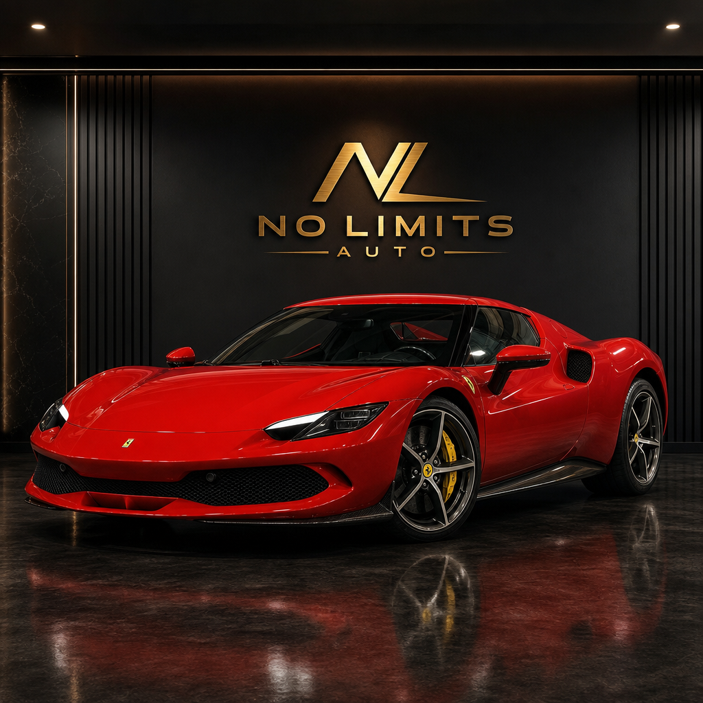 2024 Ferrari 296 GTB in Rosso Corsa red under moody showroom lighting with the identical No Limits Auto wall logo treatment matching the new reference