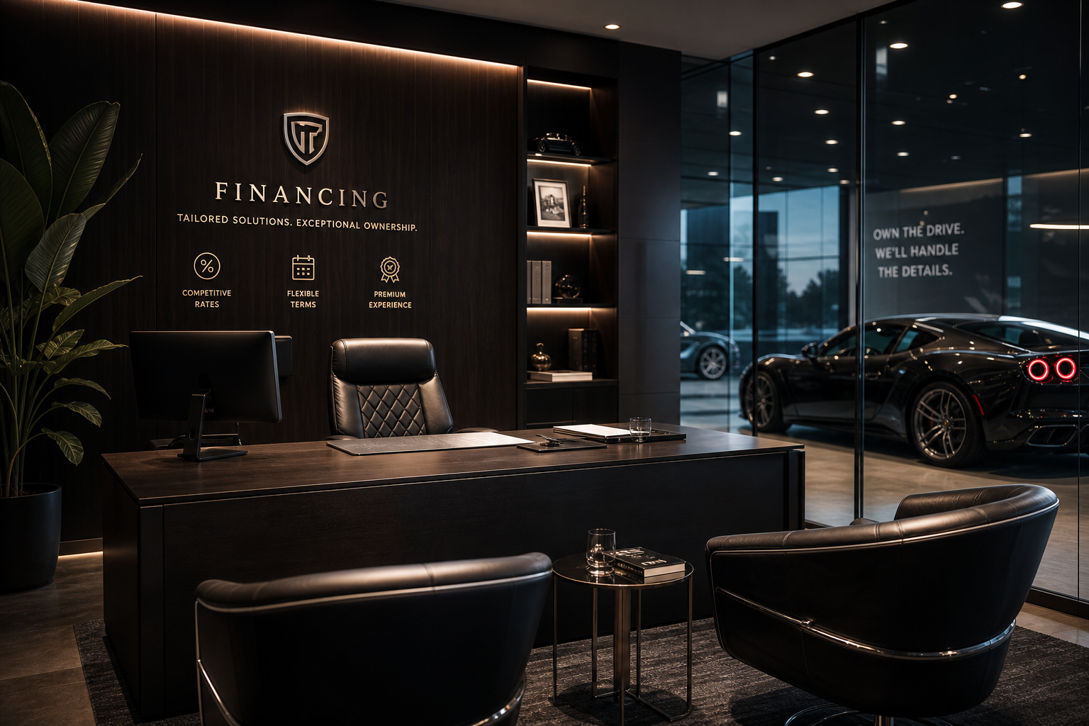 Luxury car dealership financing lounge with a sleek desk, premium leather seating, and soft ambient lighting in a modern showroom