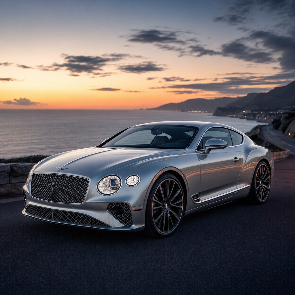 Sleek silver grand touring coupe with sculpted lines, parked beside a coastal highway at dusk.