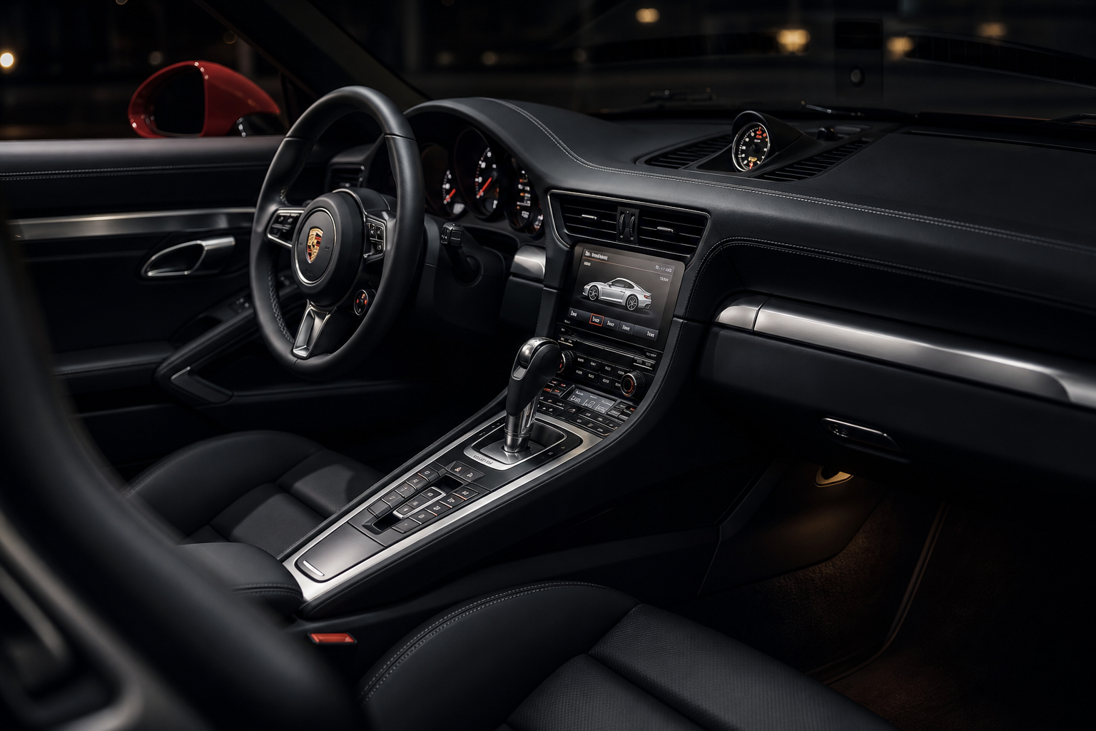 Cinematic close-up of a luxury sports car cockpit with black leather seats, brushed metal controls, and ambient dashboard lighting