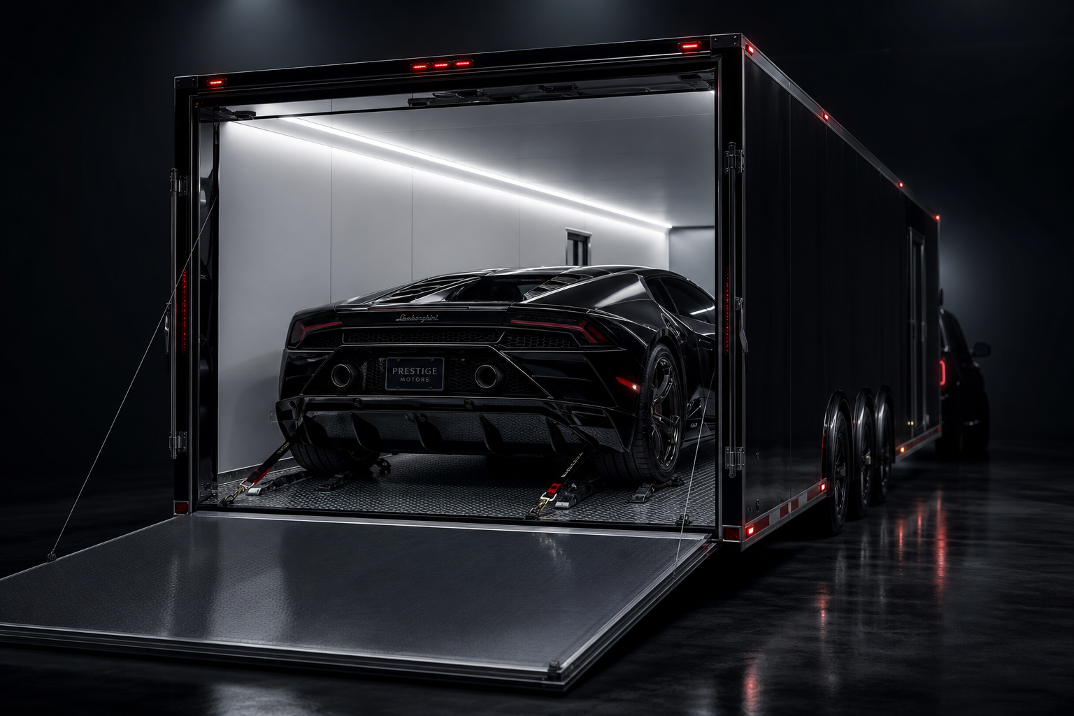An enclosed luxury vehicle transport trailer with a sleek black exotic car secured inside under soft lighting