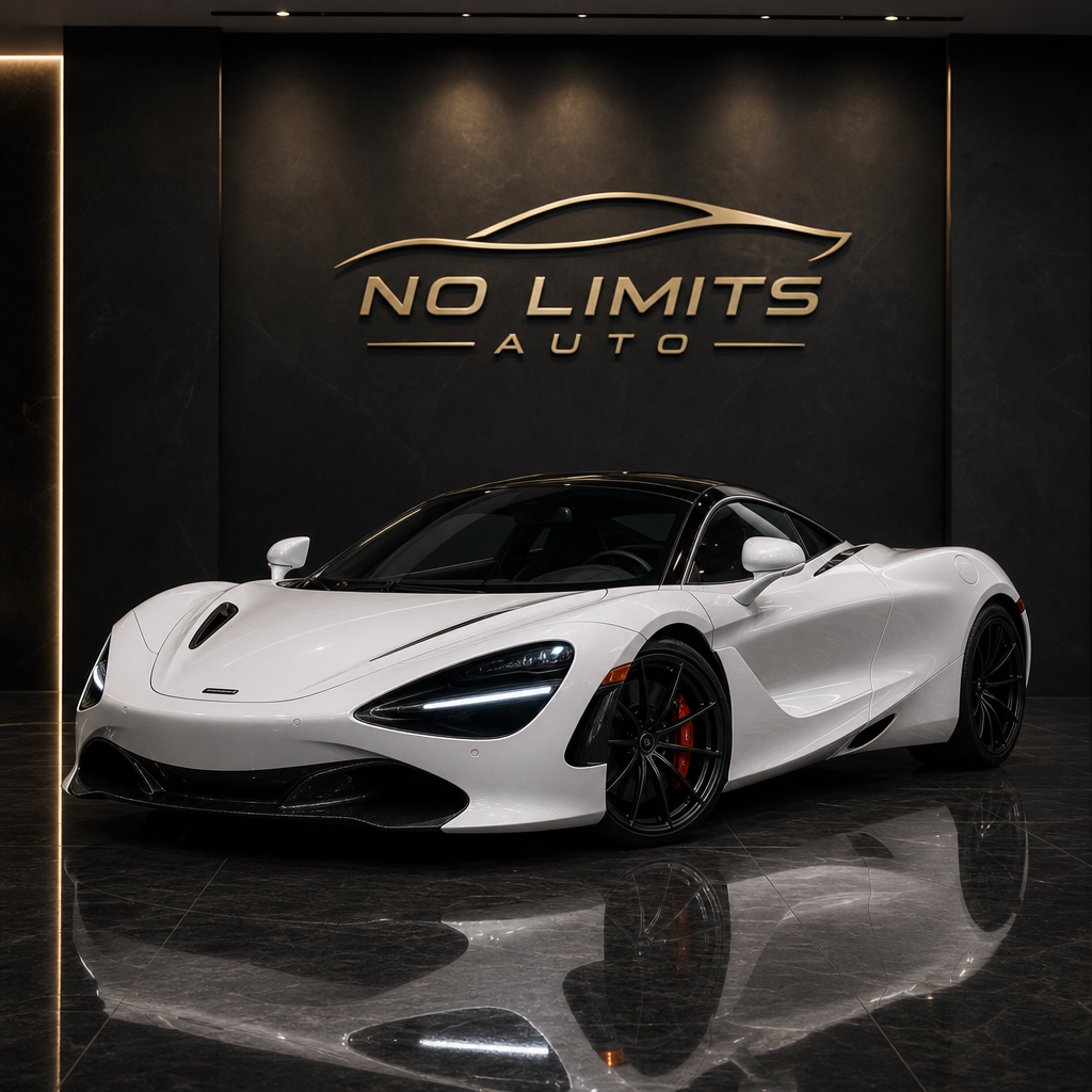 2022 McLaren 720S Performance in silica white inside a premium showroom with the identical No Limits Auto wall logo treatment matching the new reference