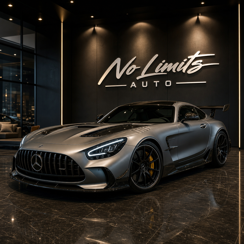 2021 Mercedes-Benz AMG GT Black Series in matte graphite silver inside a luxury showroom with the identical No Limits Auto wall logo treatment matching the new reference