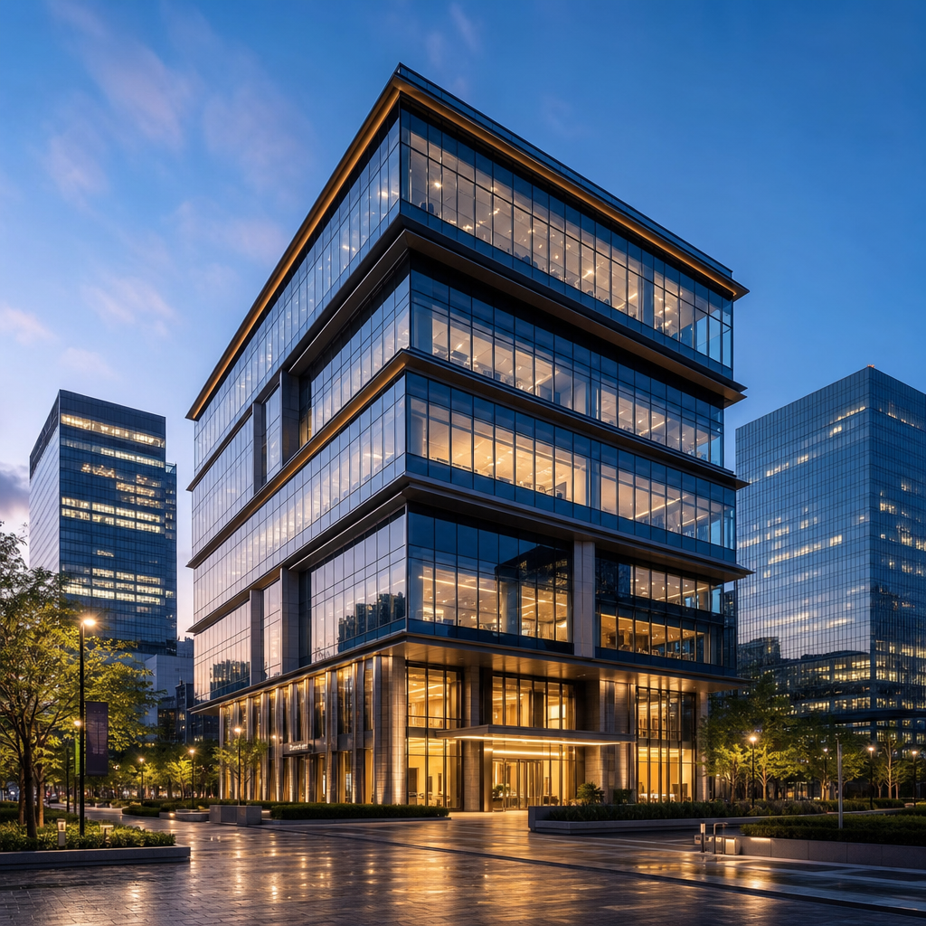 Elegant commercial office tower with evening lights