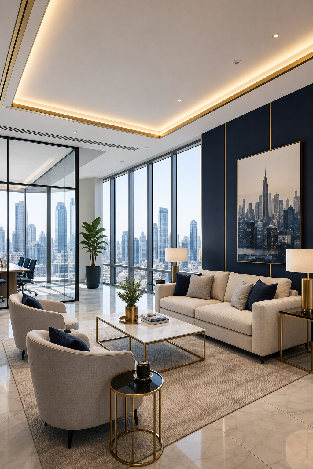 Premium real estate office lounge with floor-to-ceiling windows overlooking a city skyline