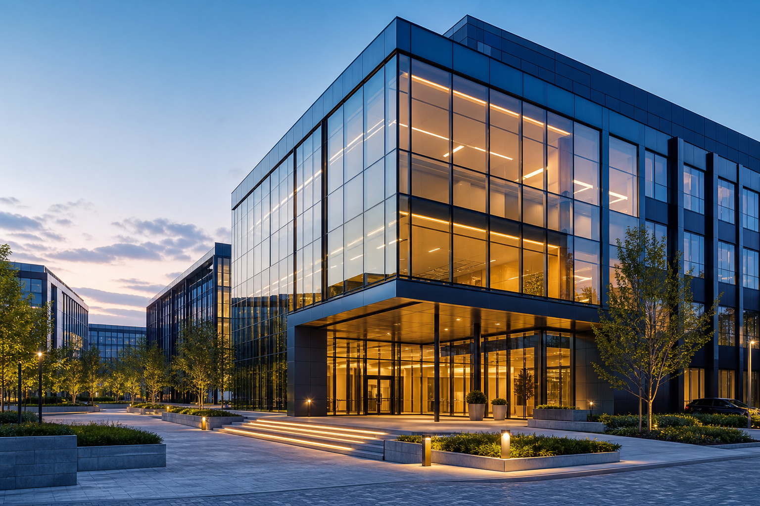 Contemporary glass office building with gold-toned lighting and landscaped entry plaza