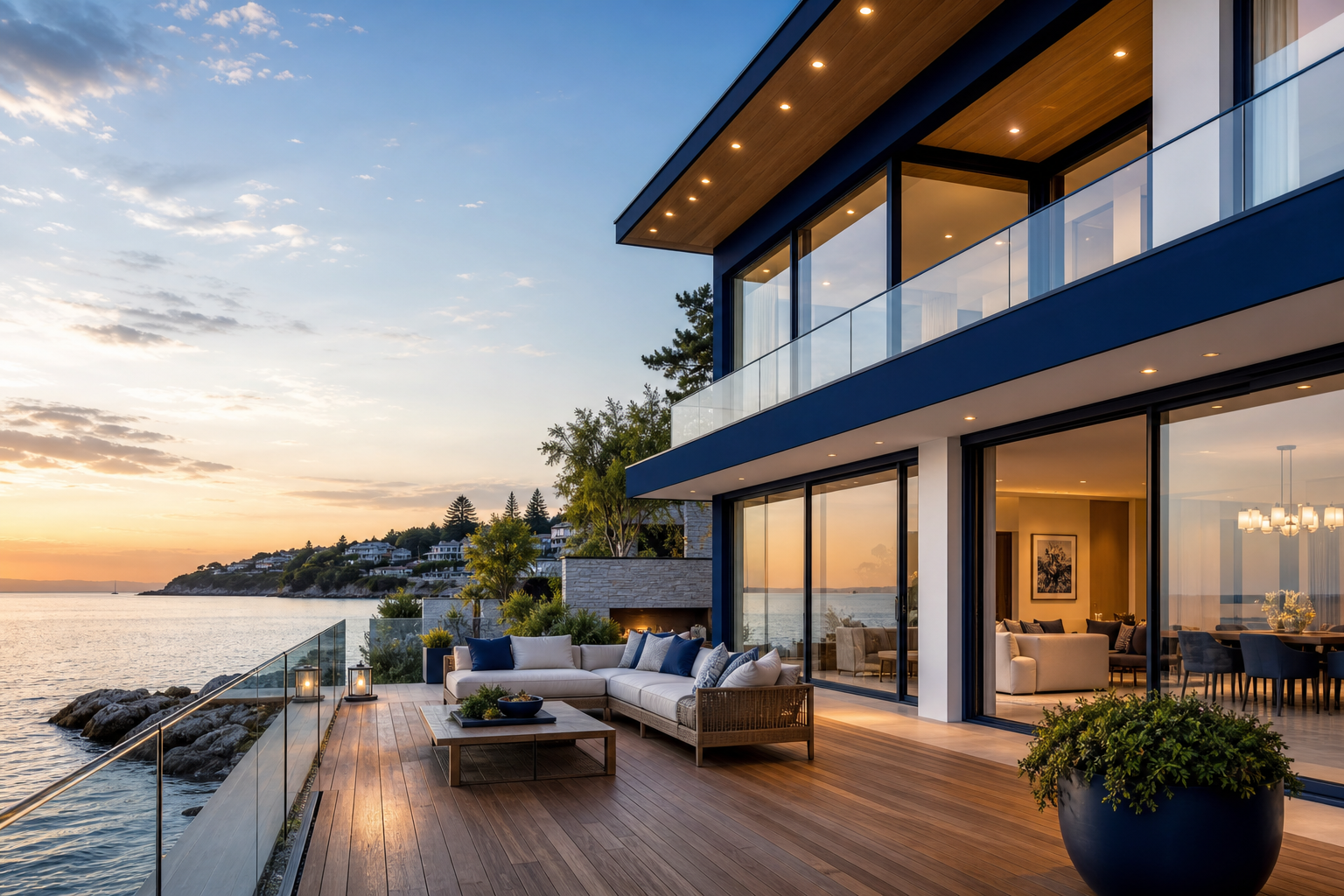 Modern coastal estate with floor-to-ceiling windows, navy accents, and a wide wooden terrace overlooking the water