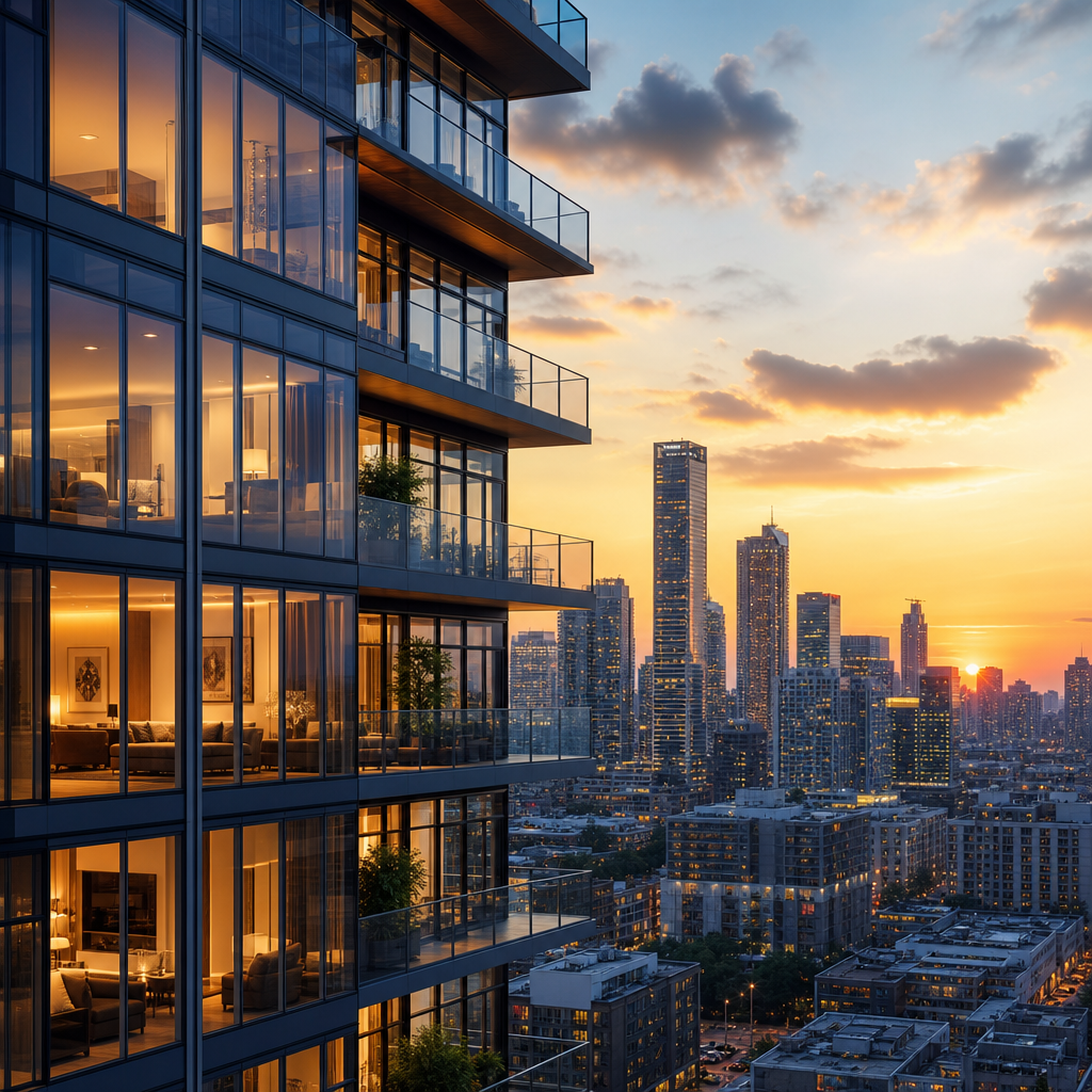 High-rise urban condo tower with glass facade at sunset