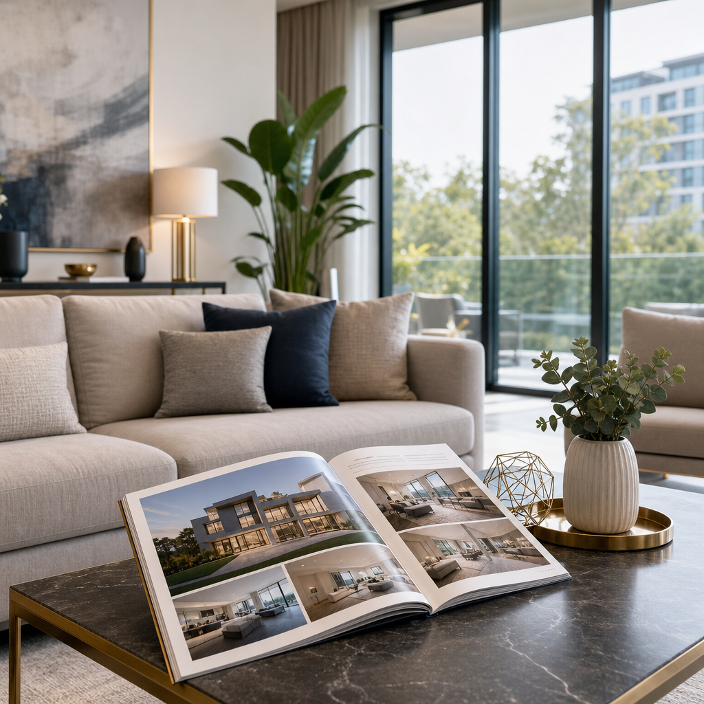 Bright living room with a modern sofa and open house brochure