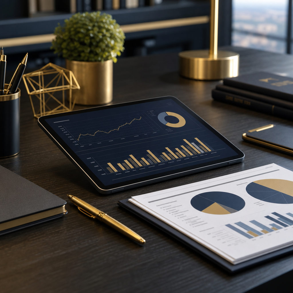 Elegant desk with financial reports and a gold pen beside a tablet