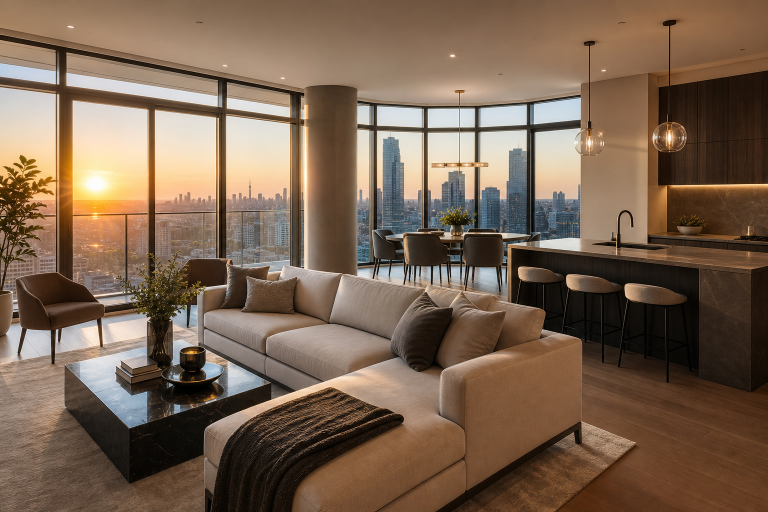Modern luxury city condo with floor-to-ceiling windows overlooking a skyline at sunset