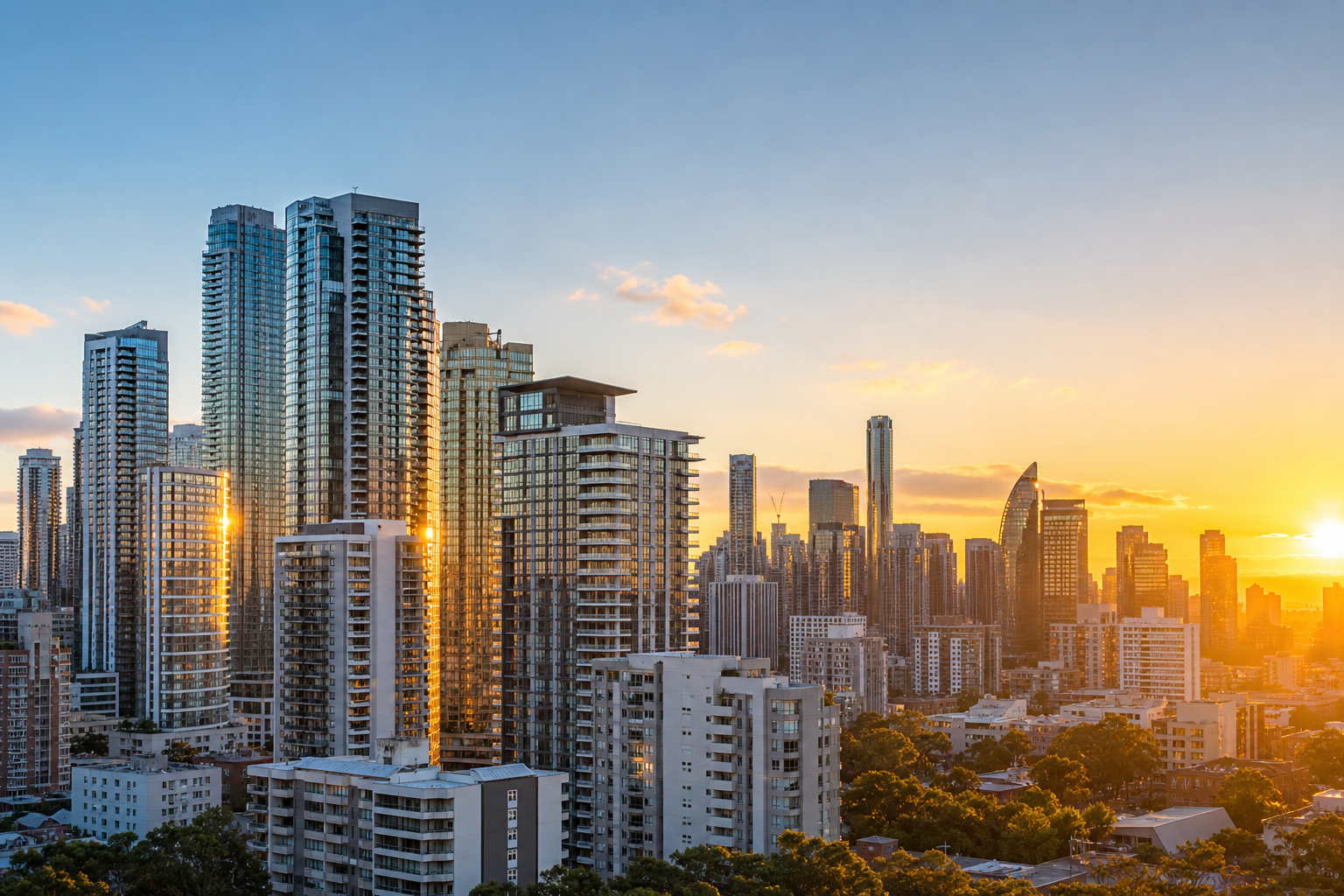 Panoramic city skyline with modern residential towers at golden hour