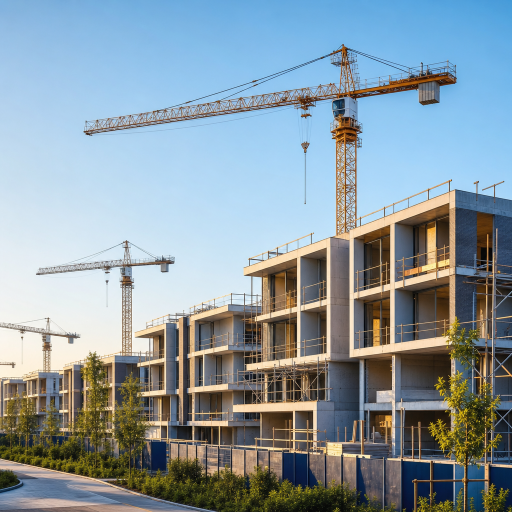 New residential development with cranes and modern low-rise structures