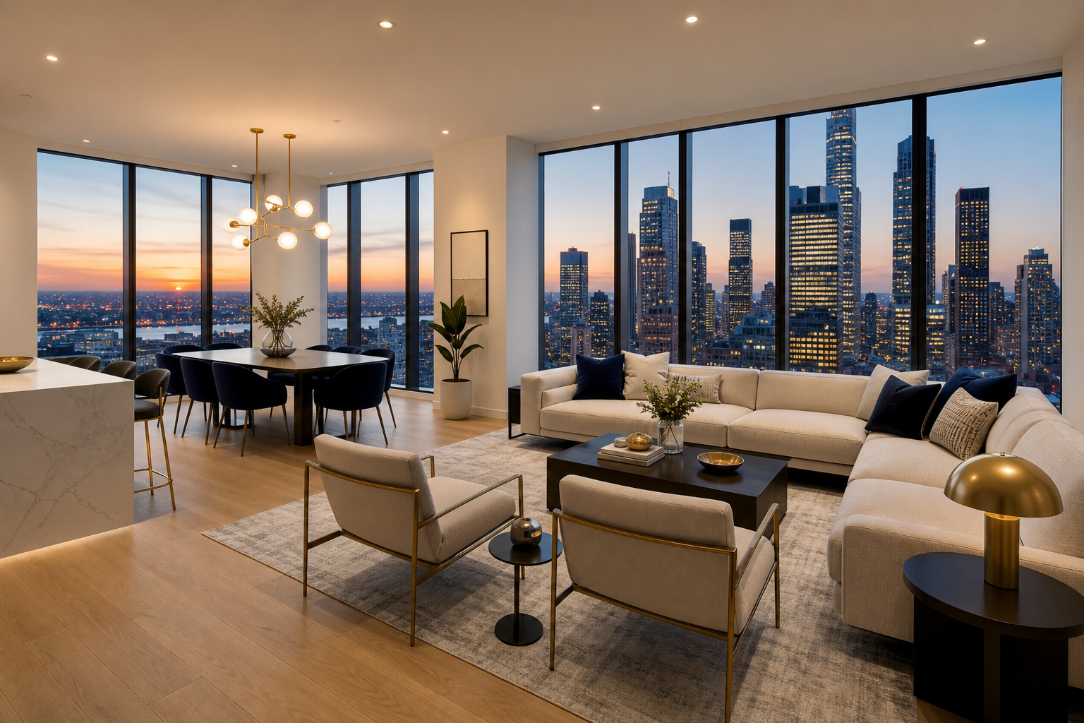 Luxury apartment interior with tall windows, light oak floors, and skyline views at dusk