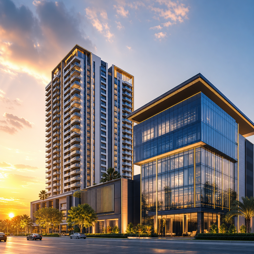 Luxury residential tower beside a modern commercial building at golden hour