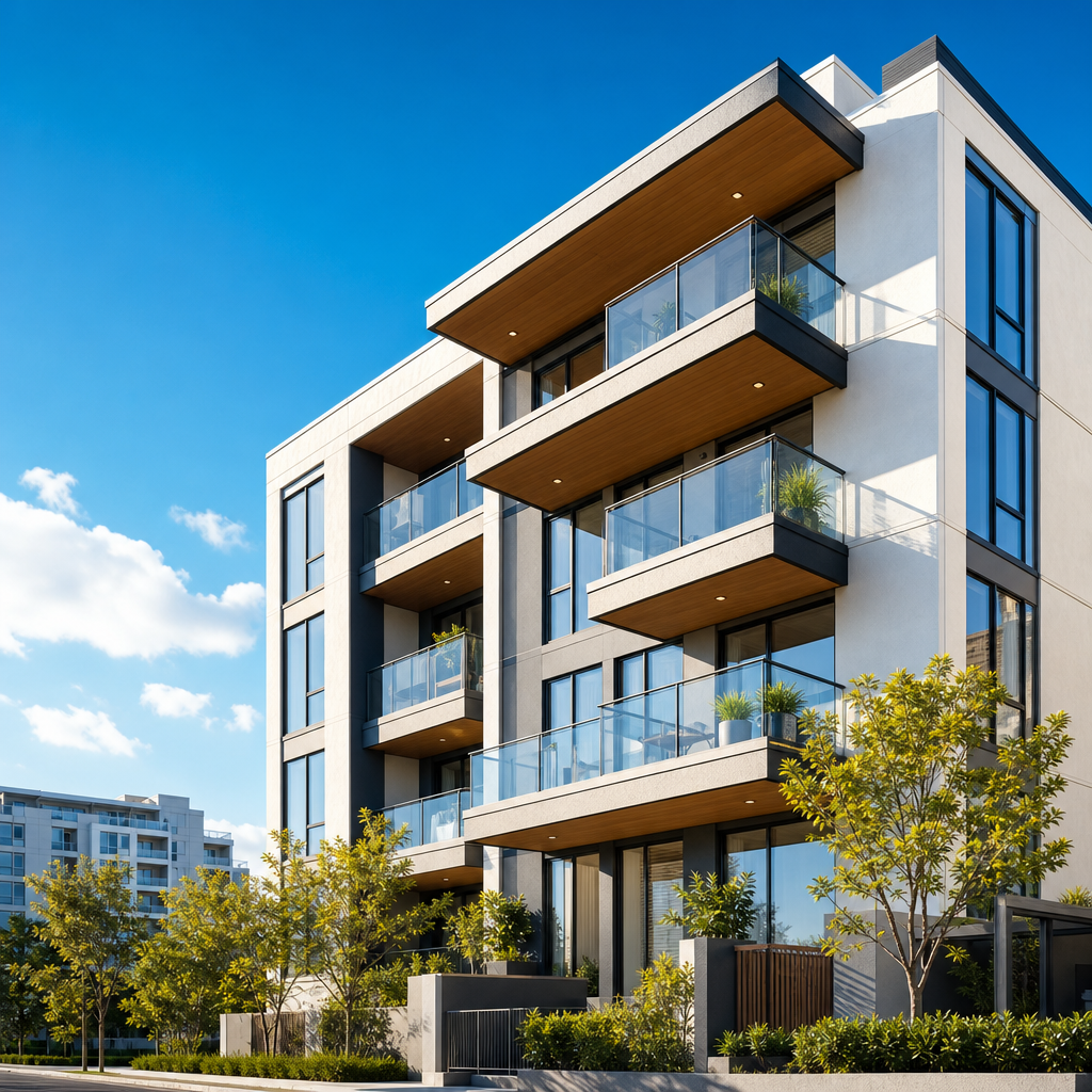 Modern apartment building facade with sunlit balconies