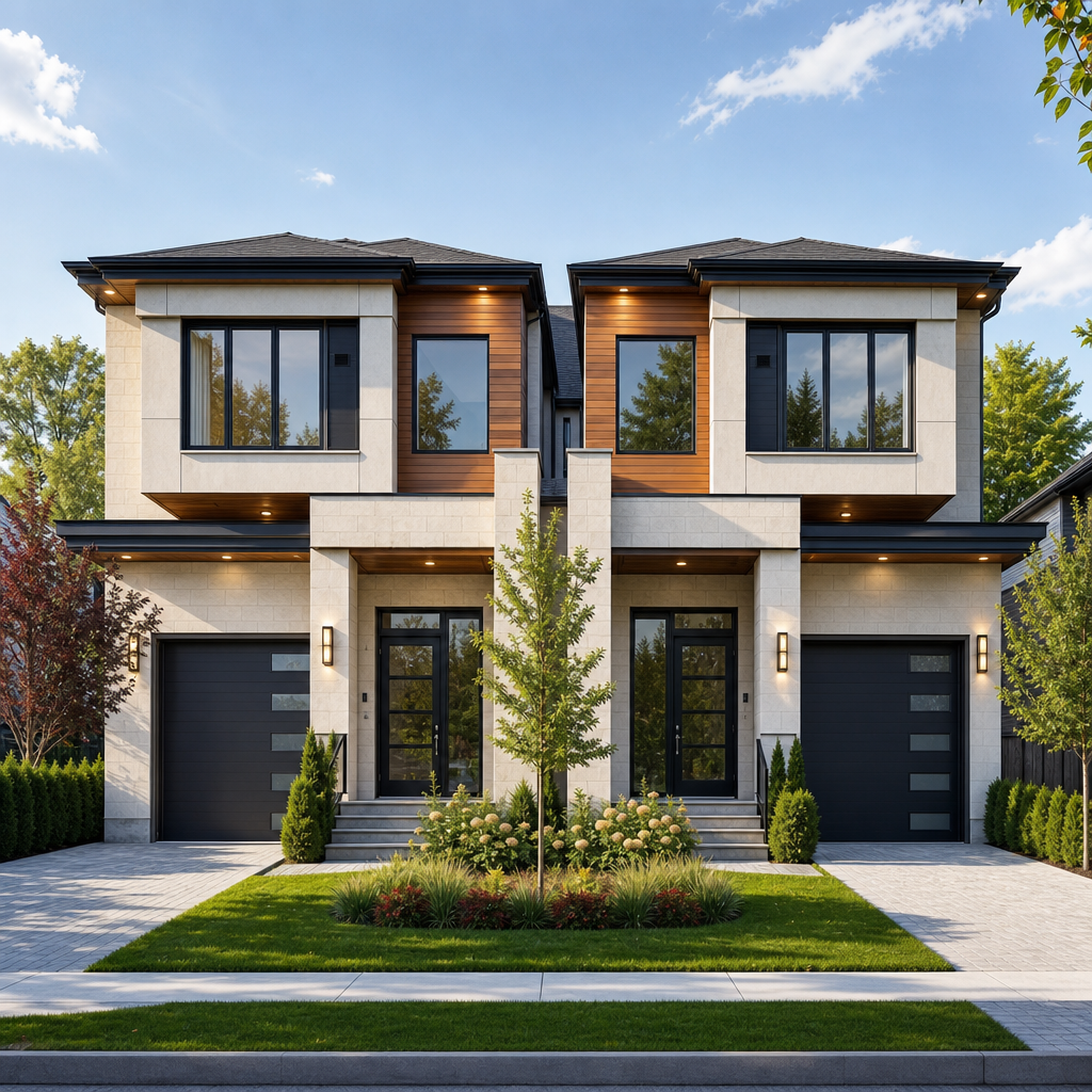 Modern suburban duplex with landscaped yard and driveway