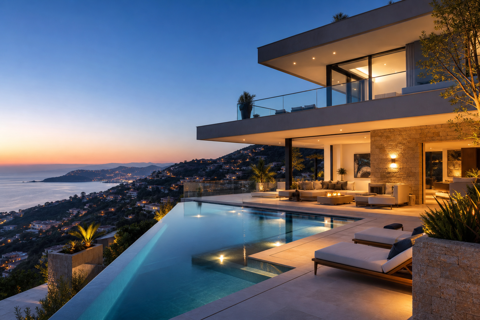 Luxury hillside villa with a wide terrace, infinity pool, and warm evening lighting