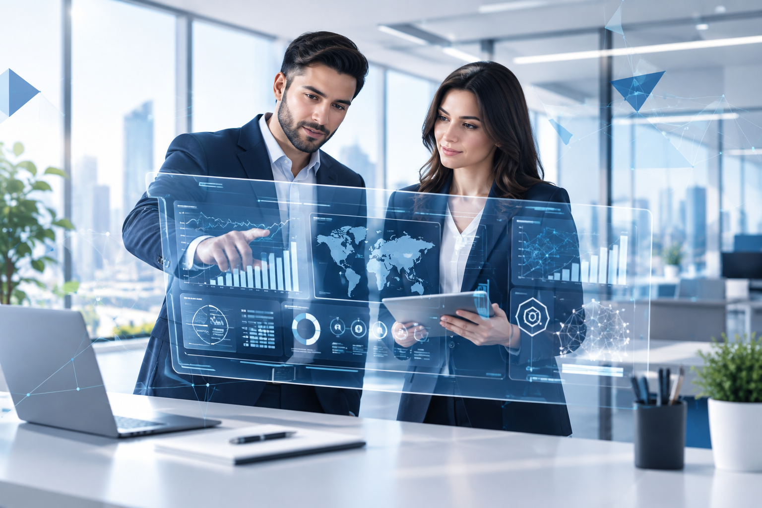 Abstract business technology visual with professionals reviewing digital dashboards, network lines, and modern interface layers in a bright corporate office