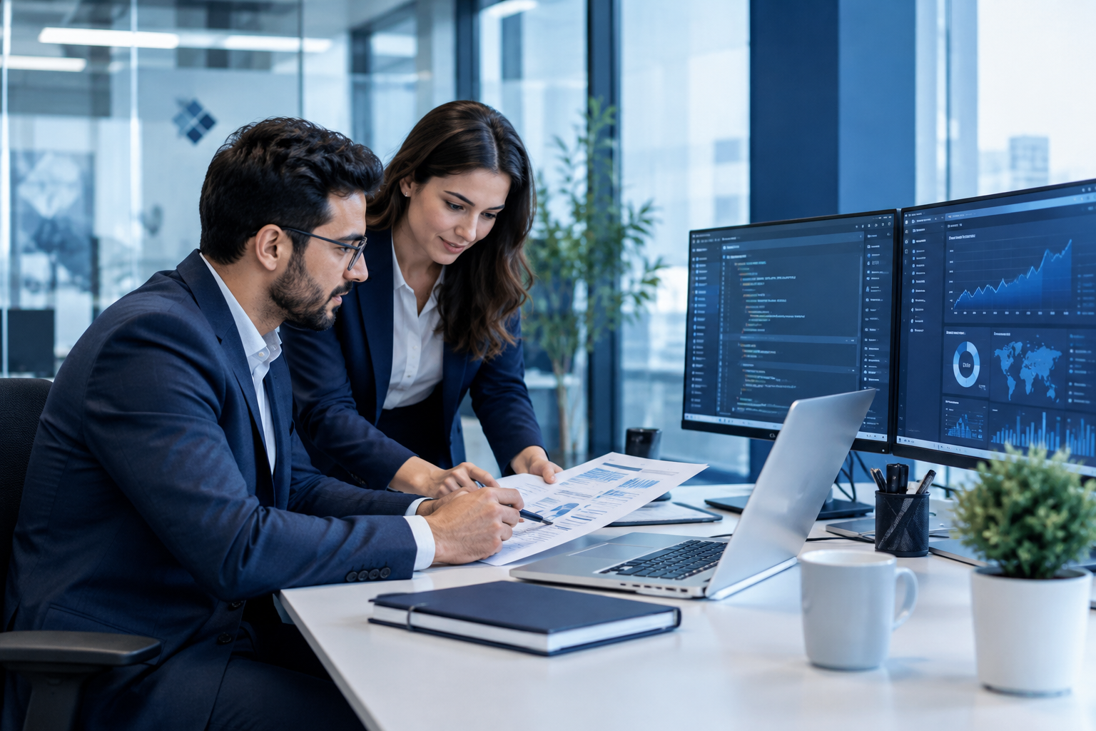 Modern business technology workspace with analytics dashboards, code on screens, and collaborative planning materials