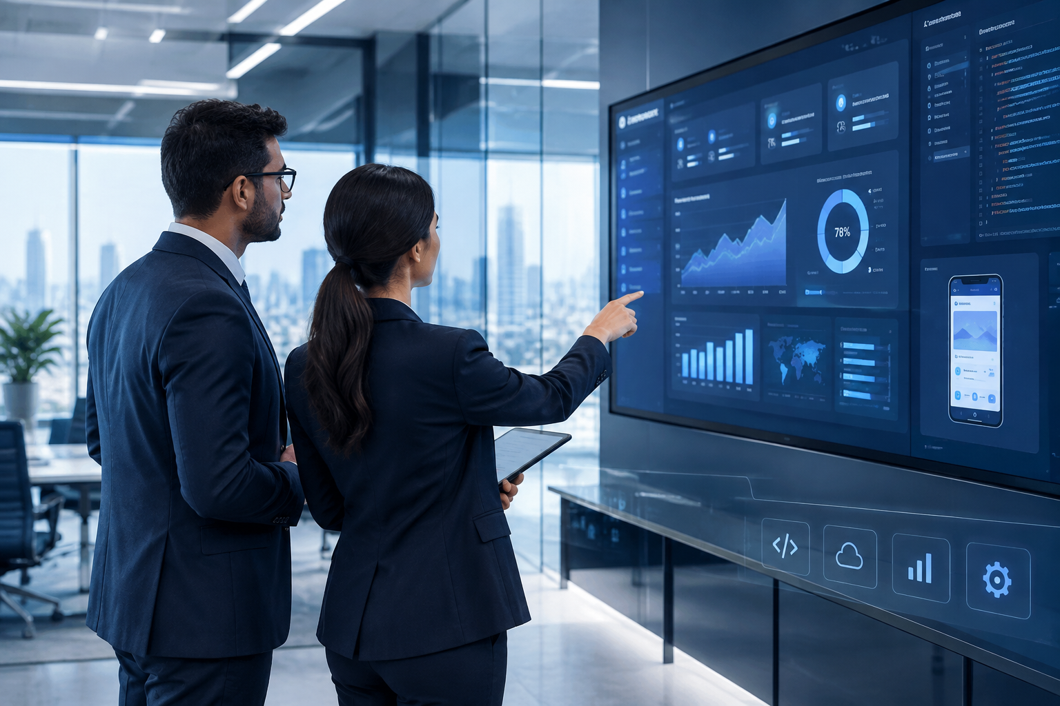 Premium corporate technology workspace with business professionals reviewing digital dashboards on large displays, clean modern office lighting, and subtle interface-inspired overlays