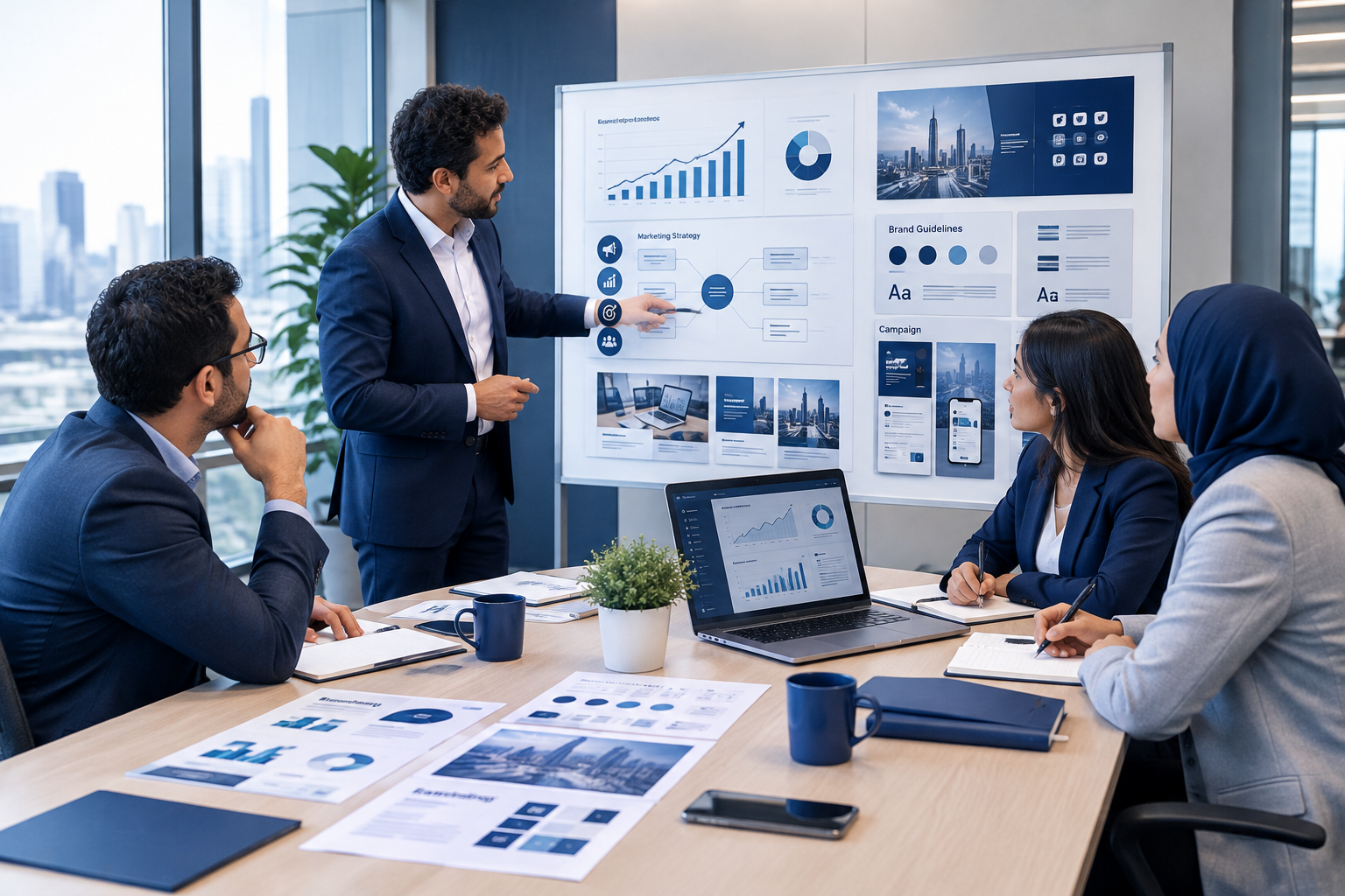 Corporate team reviewing a marketing communication plan with campaign charts, brand assets, and digital channel notes in a modern office