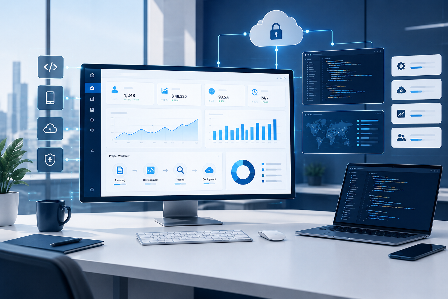 Clean corporate technology interface with analytics dashboards, connected workflow blocks, and secure cloud infrastructure visuals in a navy and white style