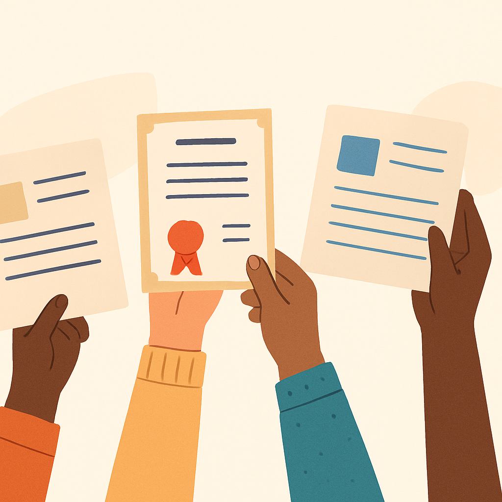 Document submission icon with diverse hands holding papers