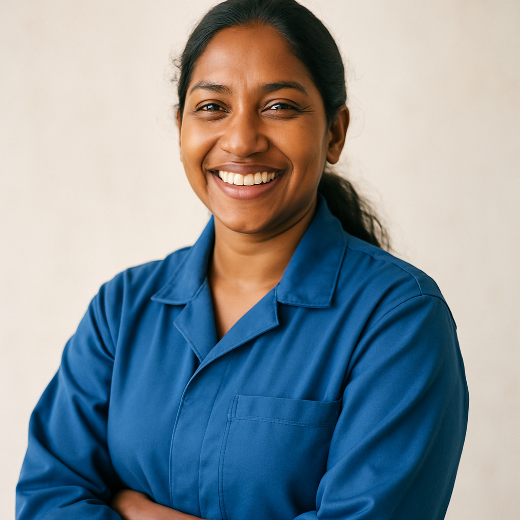 Smiling Sri Lankan female worker in work uniform