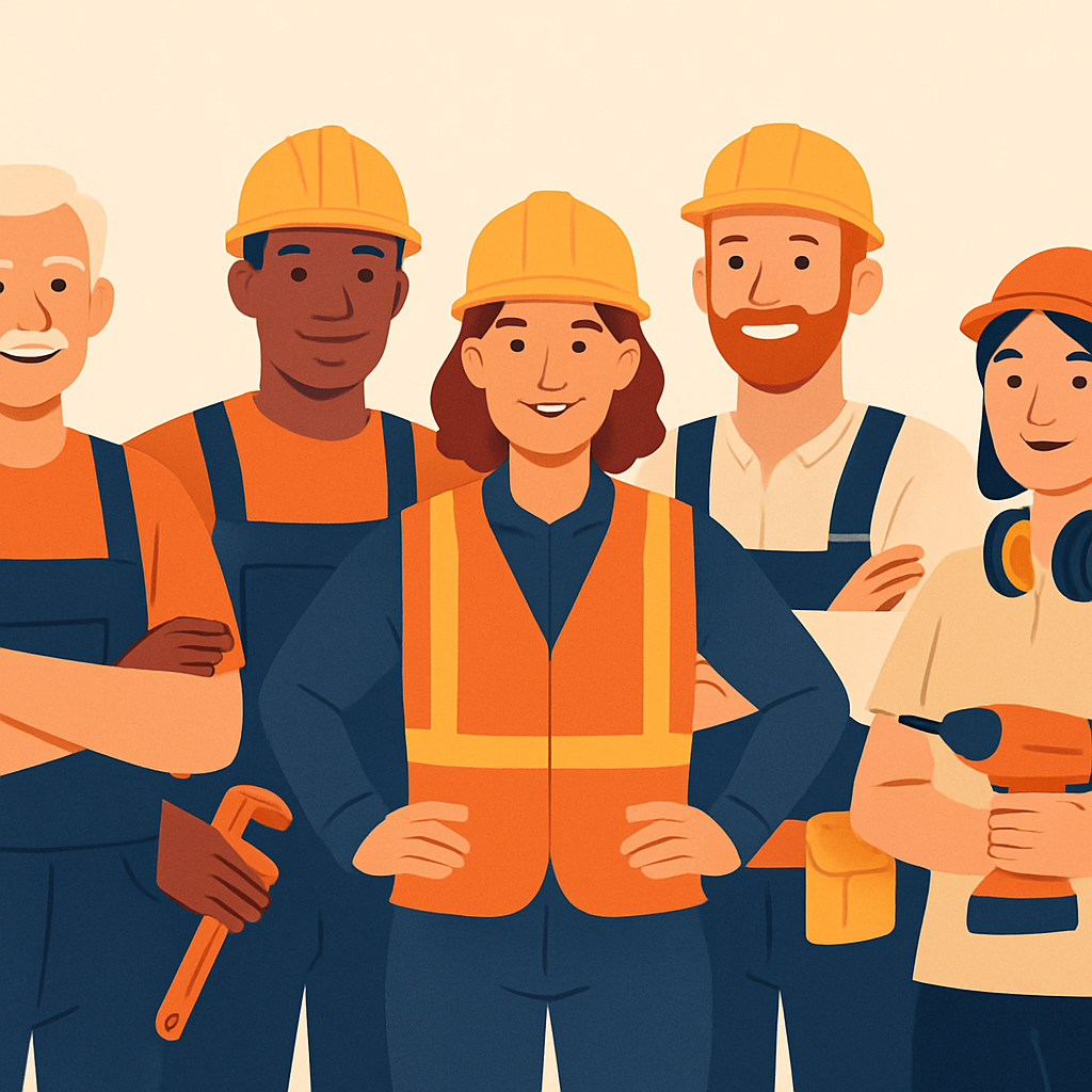 Group of diverse workers in construction and manufacturing uniforms, smiling and confident