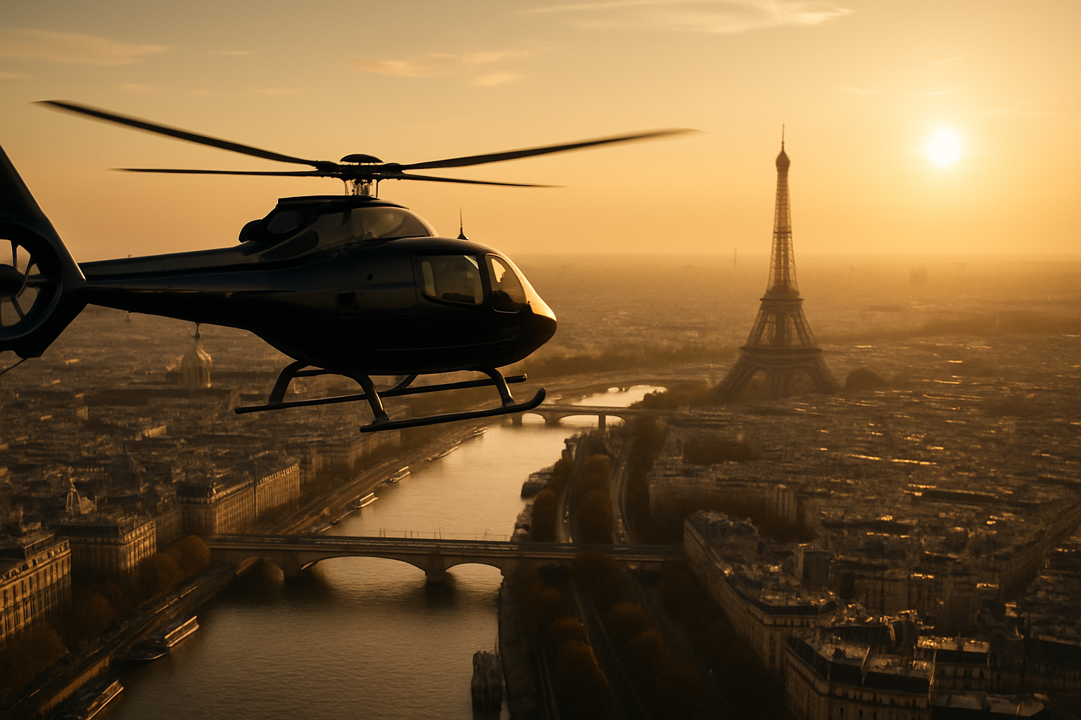 Sleek helicopter flying over Paris with golden evening light and city landmarks below
