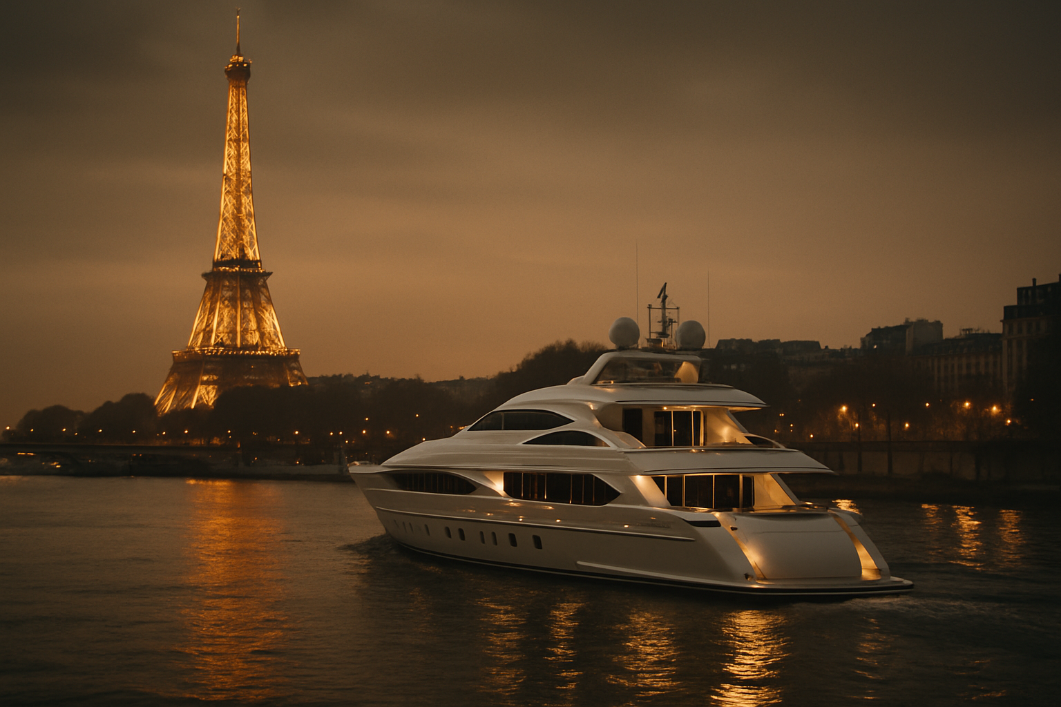 Private yacht cruising at dusk with the Paris skyline and Eiffel Tower in the distance