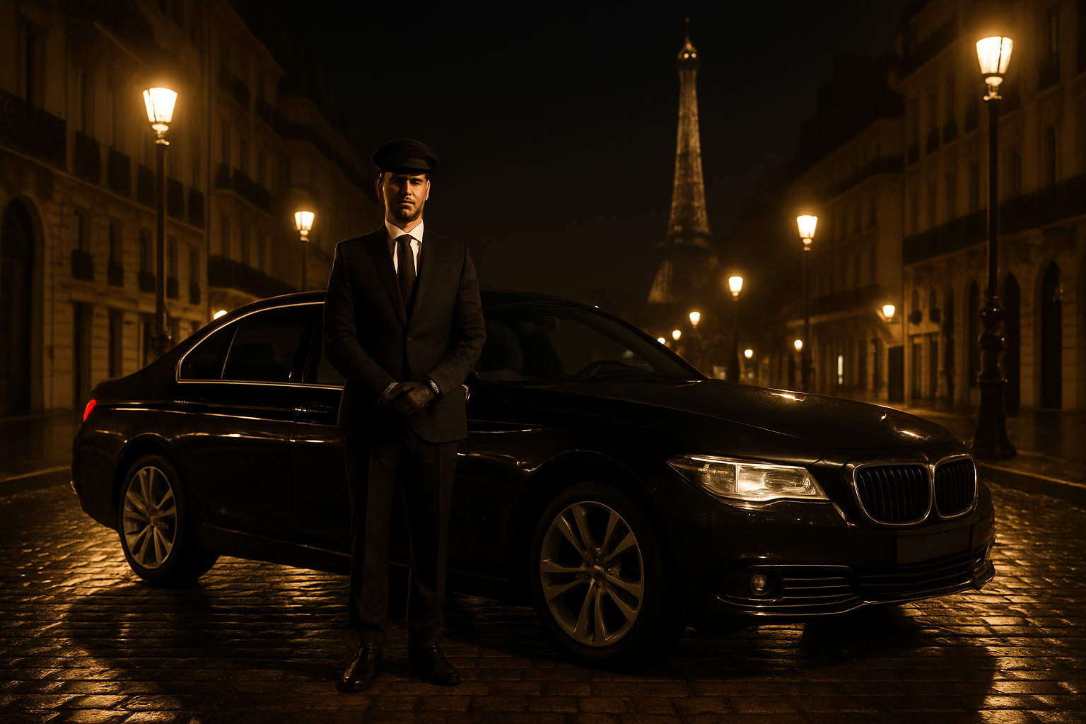 Luxury chauffeur with a black executive sedan on a Parisian avenue at night