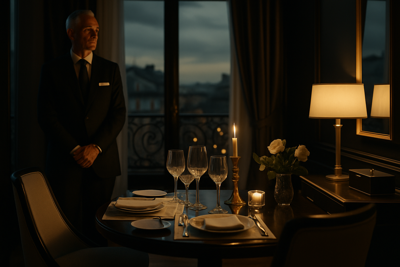 Cinematic Parisian penthouse suite with a discreet concierge setting, refined dining, and luxury accessories