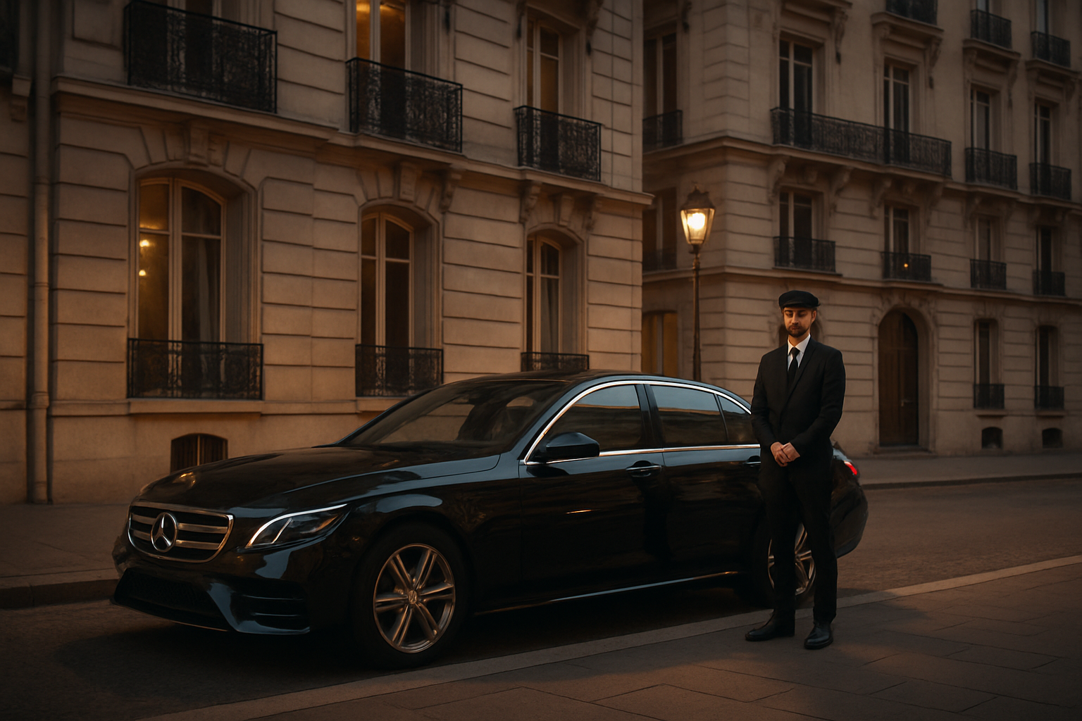 Cinematic Paris evening with a luxury sedan and discreet chauffeur awaiting in soft city lights