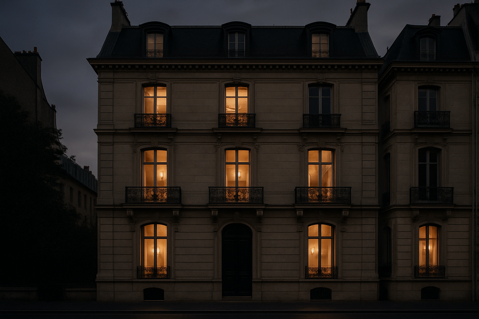 Elegant Paris townhouse at dusk with soft interior glow and refined stone facade