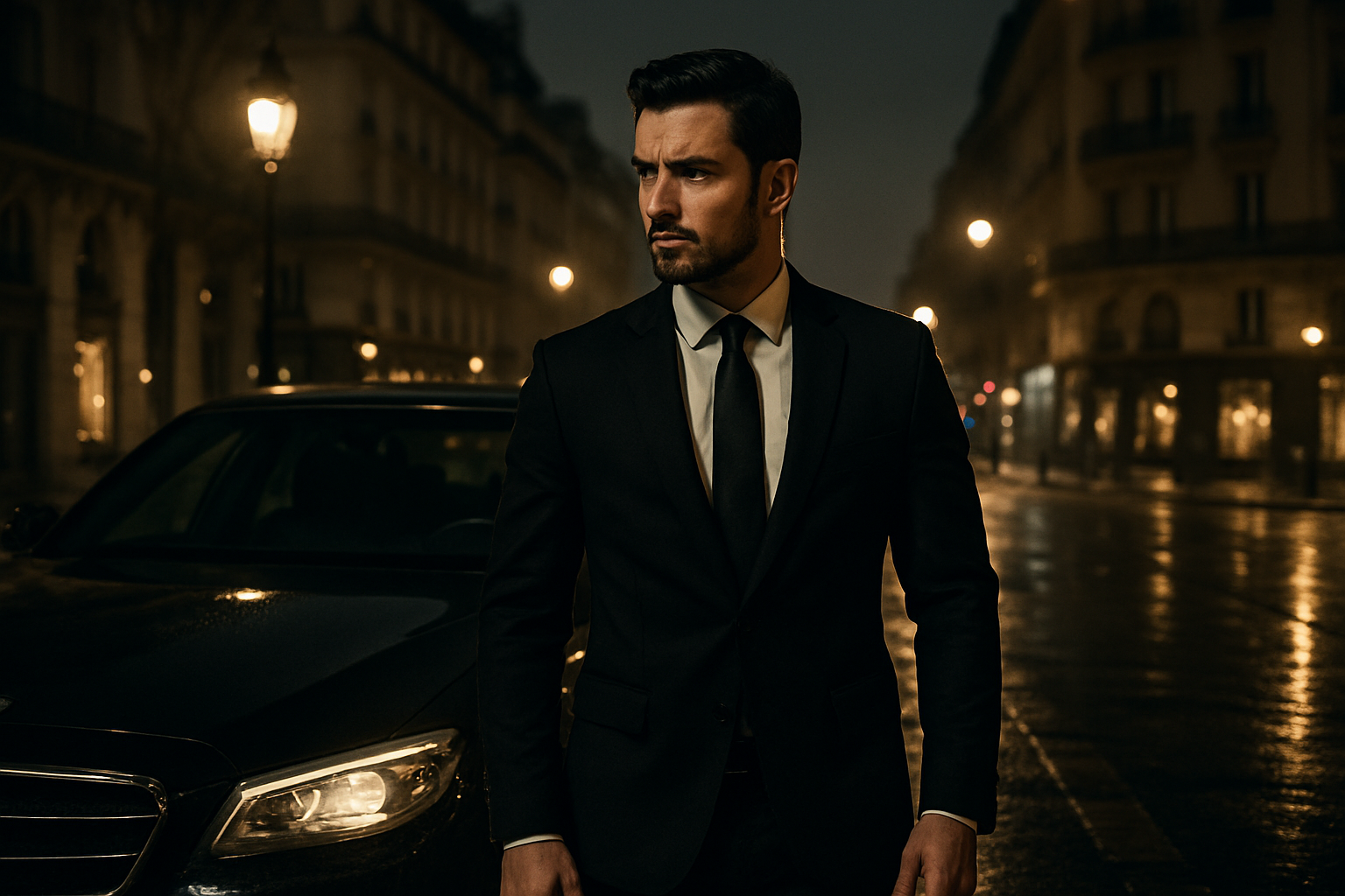 Cinematic night scene of a private security escort beside a luxury vehicle in Paris