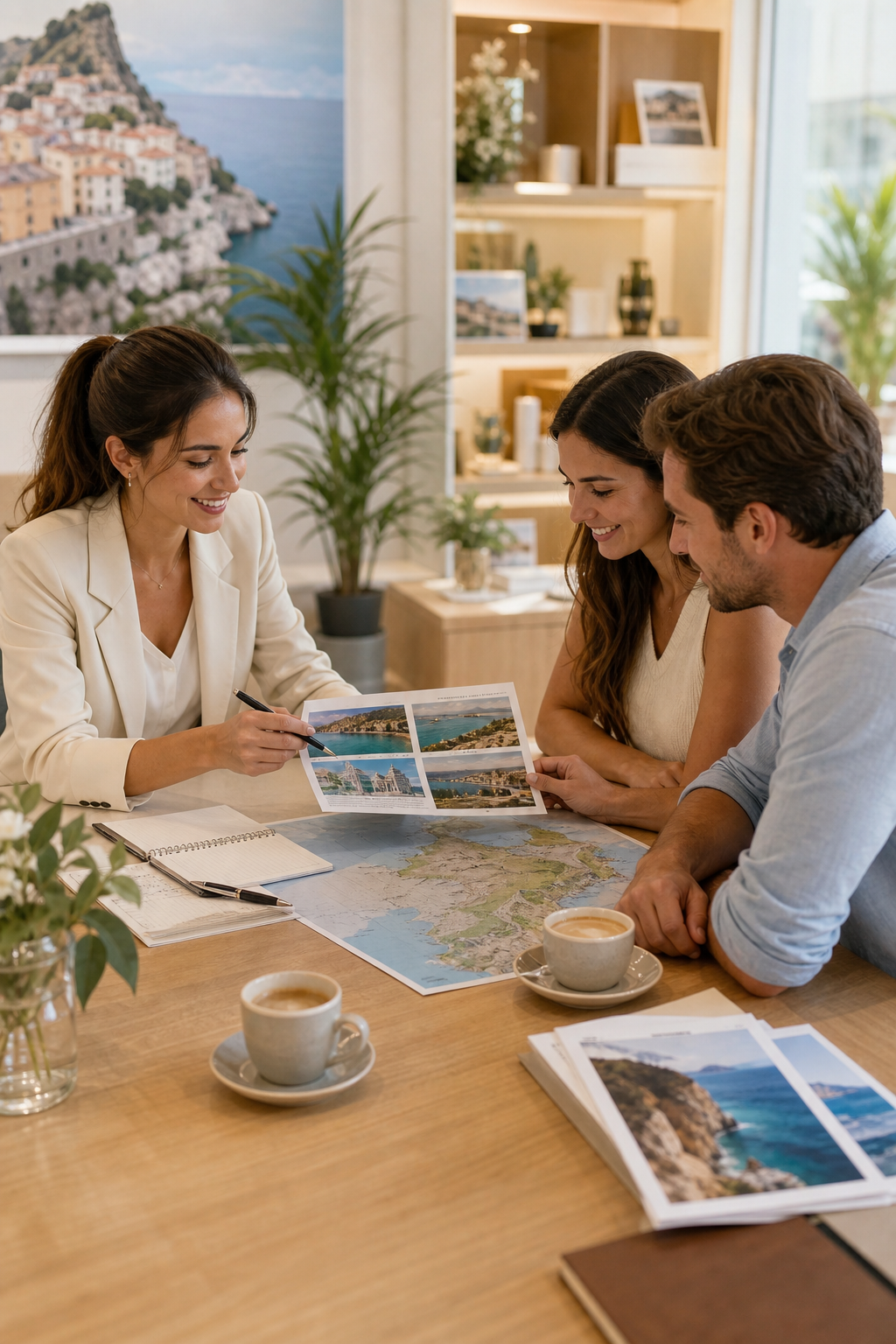 Travel advisor reviewing a curated itinerary with a couple at a bright table with maps, notebook, and coffee