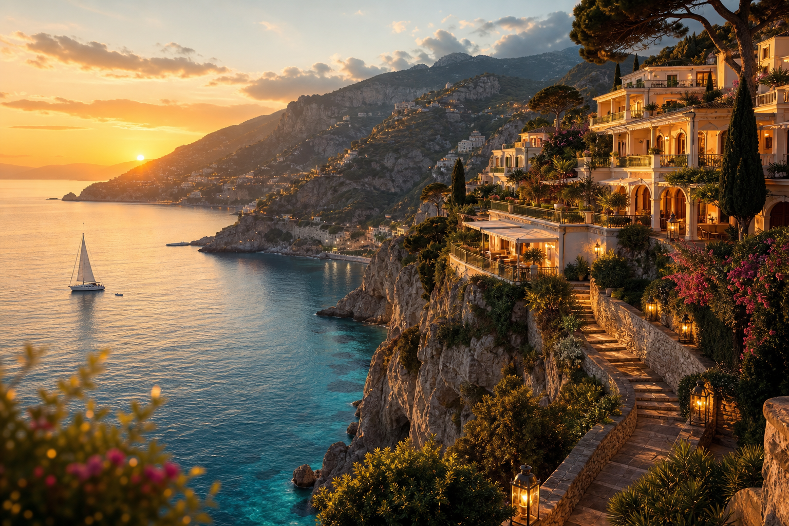 Golden-hour coastal cliff destination with turquoise water, terraced villas, and a small sailing boat creating a warm luxury travel mood