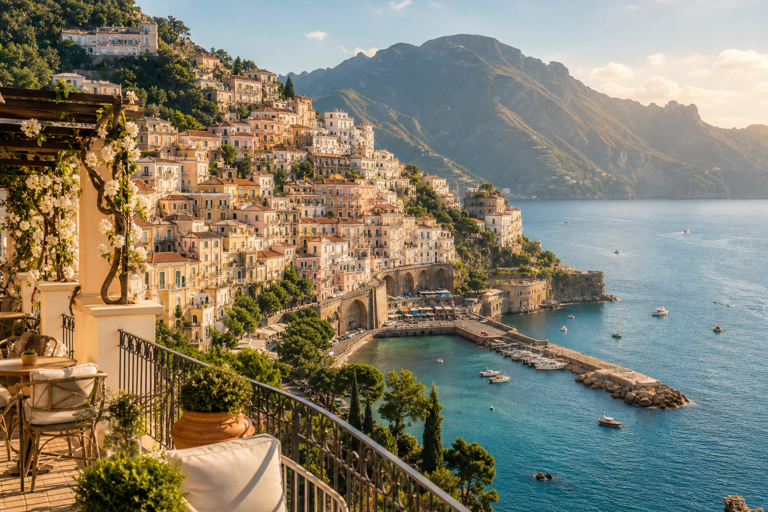 Sunlit cliffside village on Italy's Amalfi Coast with pastel homes above a turquoise bay