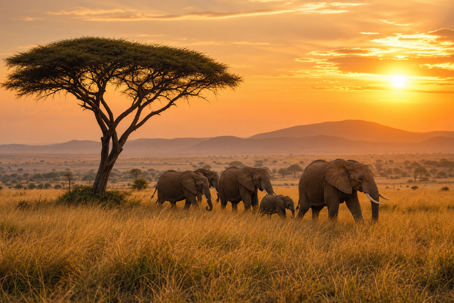 Golden savannah in Kenya with a lone acacia tree and a small herd of elephants at sunrise
