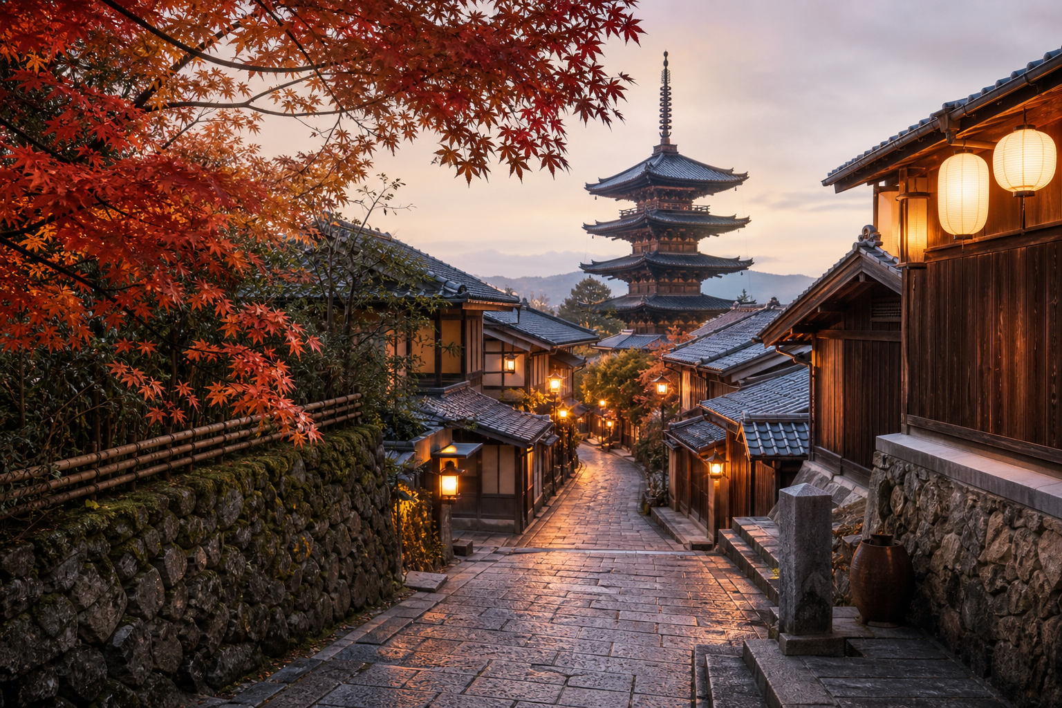 Tranquil Kyoto temple path lined with maple trees and glowing lantern light at dusk