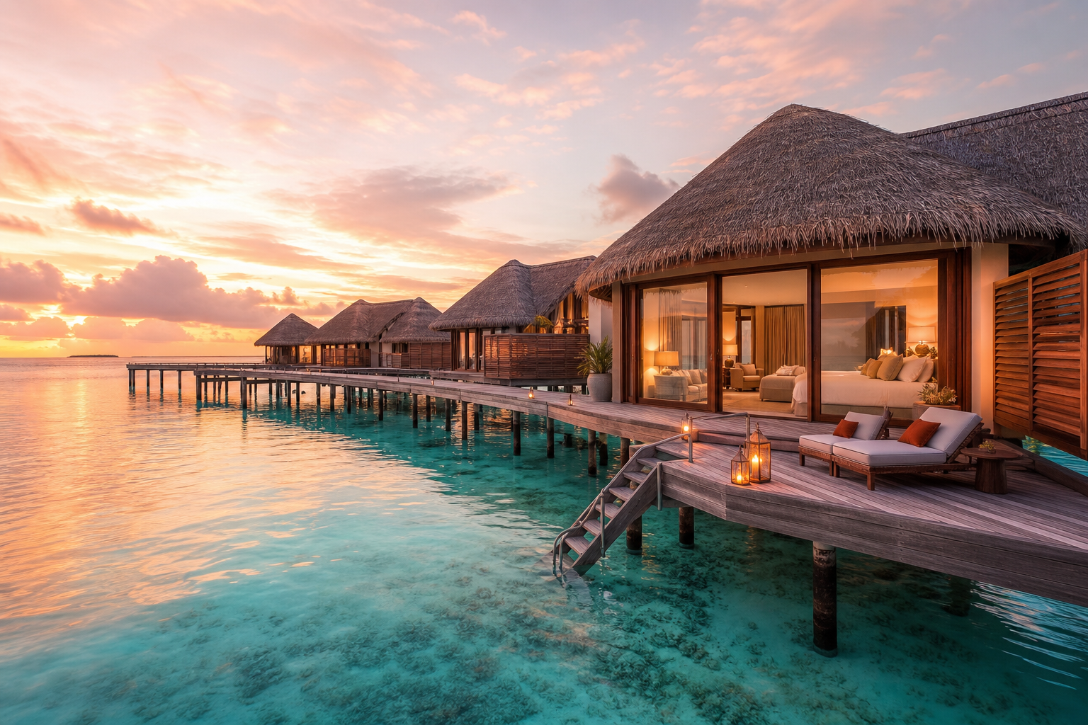 Overwater villas in the Maldives above clear aqua water under a soft pastel sunset sky