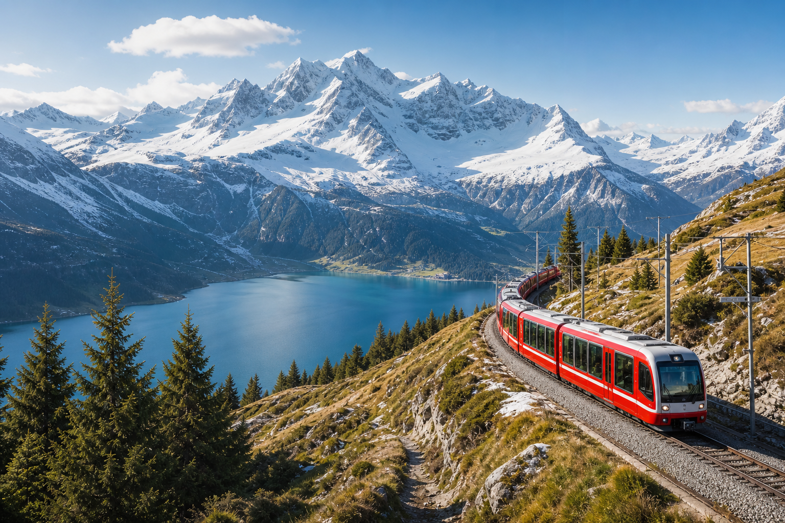 Snow-capped Swiss Alps above a crystal lake with a scenic mountain train curving along the ridge