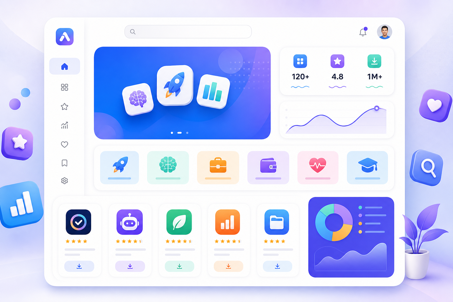 Colorful app discovery dashboard mockup with cards, charts, and app tiles in blue and purple