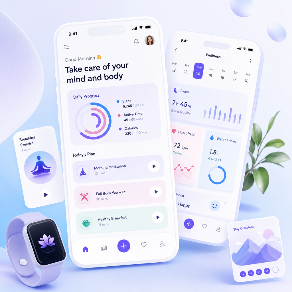 A soft gradient wellness app interface with pastel cards and circular activity rings