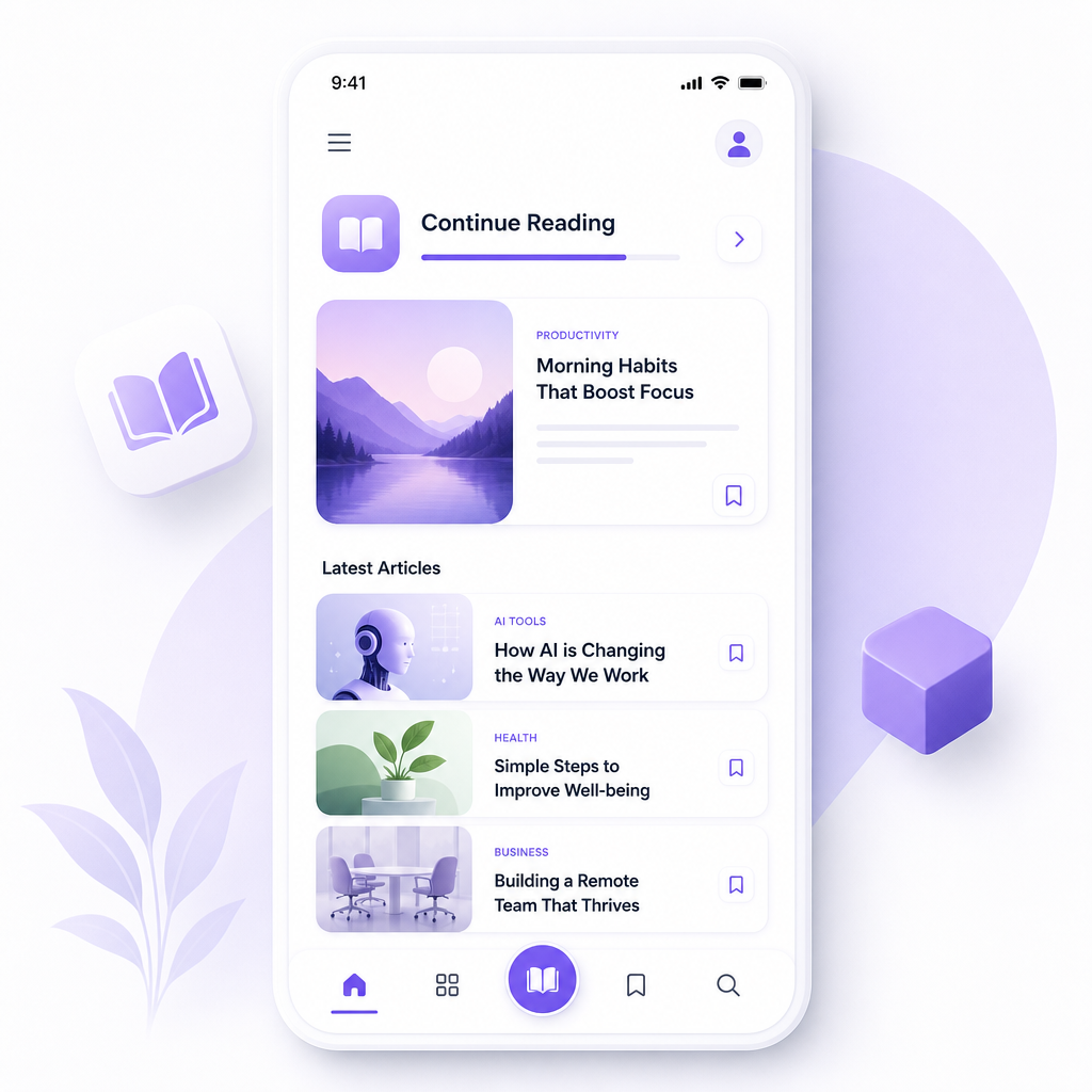 A minimalist reading app screen with white space, lavender accents, and stacked cards