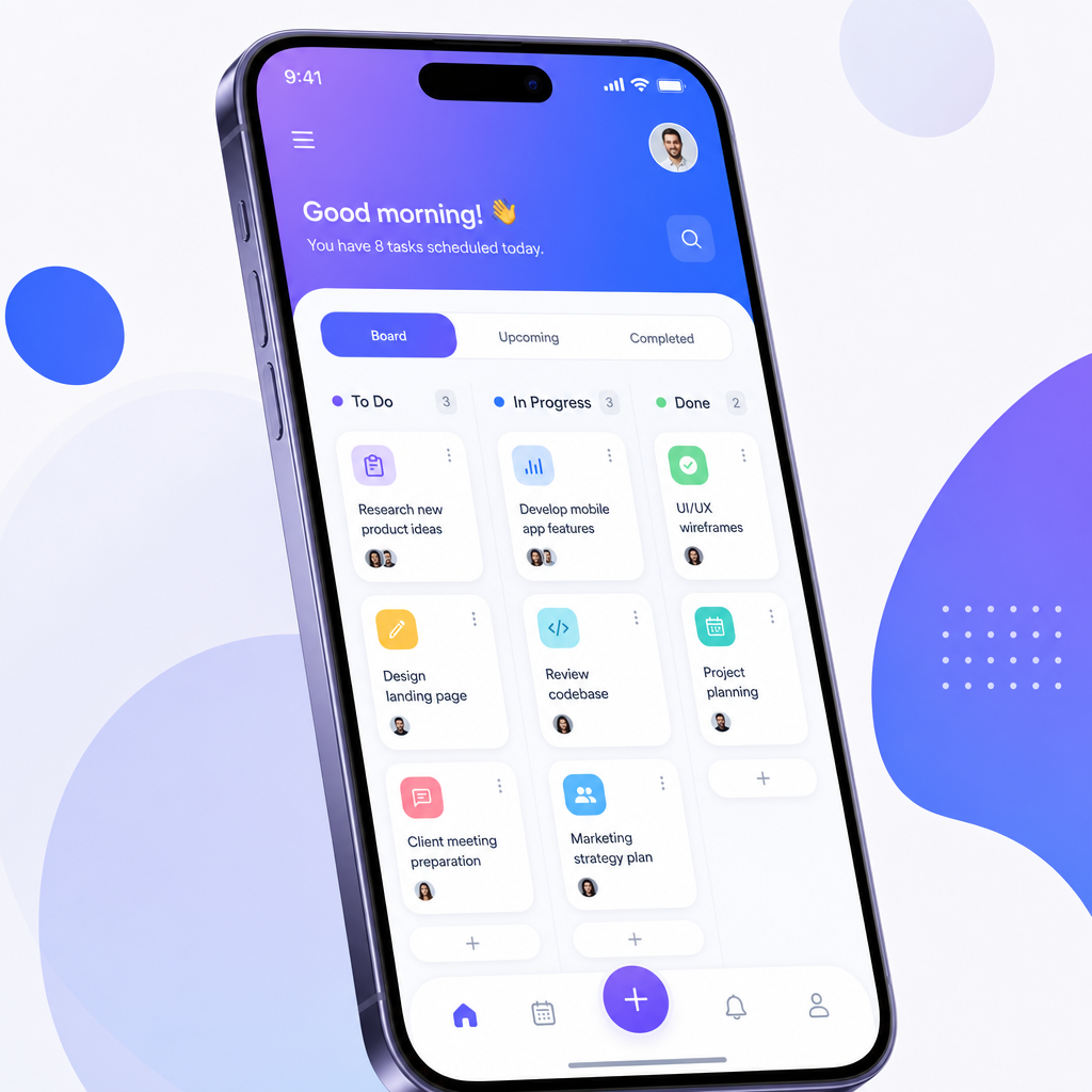 A sleek mobile app screenshot showing a purple-to-blue gradient task board with rounded cards